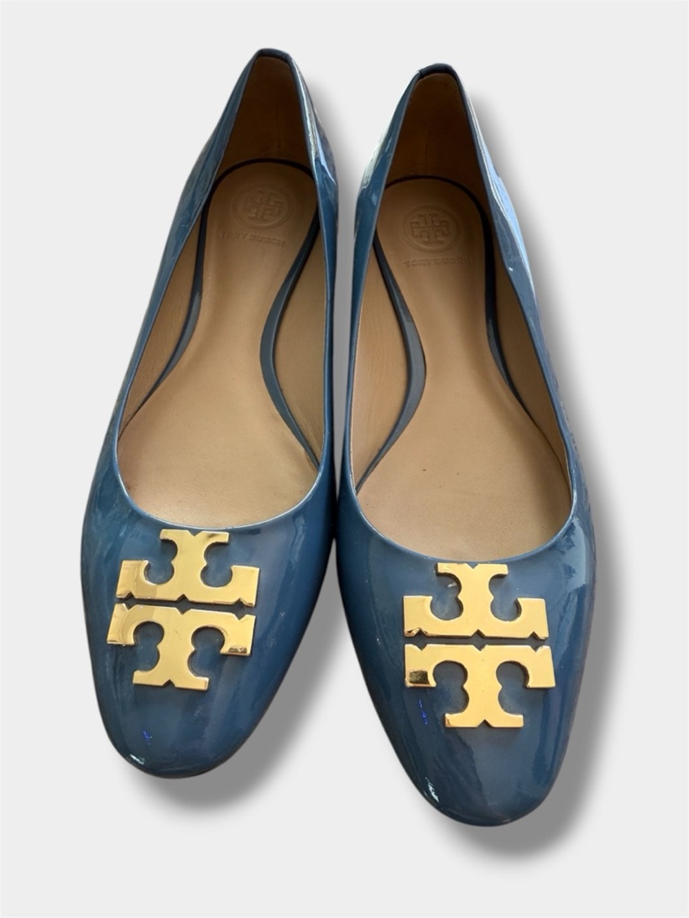 Tory Burch Reva Flats Blue Patent Leather Gold Logo Ballet Shoes Women’s 7M